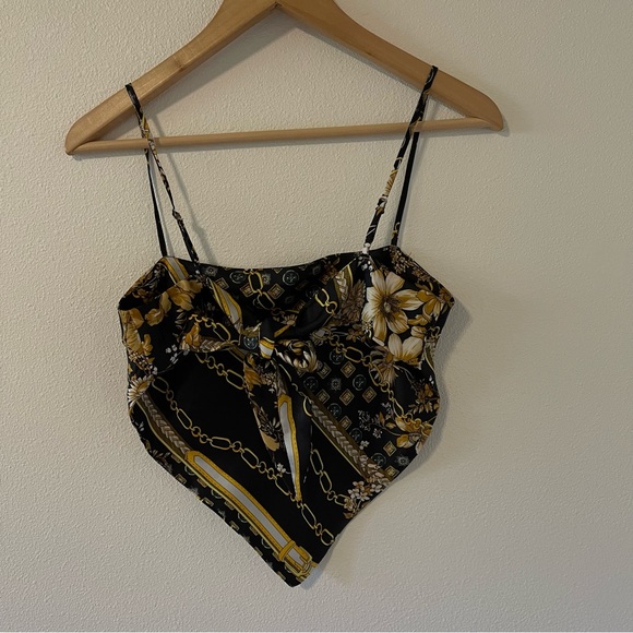 Princess Polly Novah Crop Top Handkerchief Black Gold Chain Floral Festival-4 - Picture 2 of 8